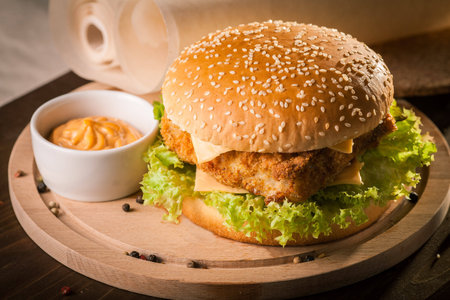 Fishburger with fresh salad and cheese on round wooden boardの写真素材