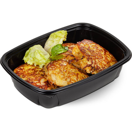 Fried potato pancakes in a black plastic lunchbox photo on a white background.の写真素材
