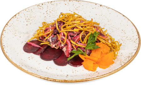 A plate of beets and carrots on a white background, for presentationの写真素材