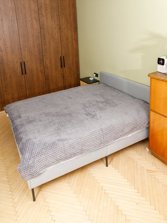 A cozy bedroom that features a comfortable bed, a stylish dresser, and an adorable cat lounging around, creating a warm atmosphereの写真素材