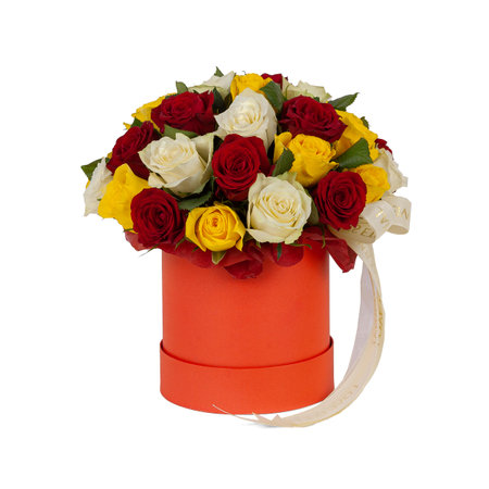Red, white and yellow roses in red cardboard round box isolated on white background.の写真素材