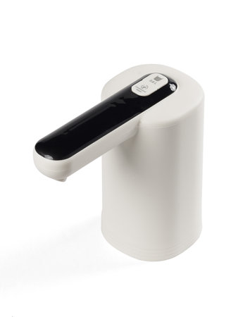 A white dispenser featuring a sleek black handle is set against a clean white background, creating a minimalist aestheticの写真素材