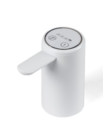 A white soap dispenser that features a long handle on a clean white background, ideal for use in various settings to dispense soap easilyの写真素材