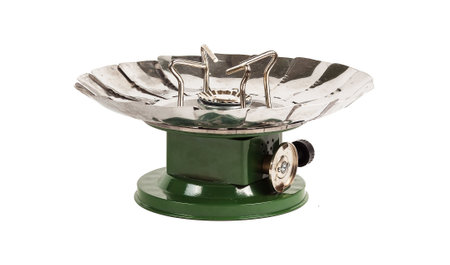 Portable green camping stove burner isolated on white background.の写真素材