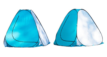 Blue camping tent isolated on white background.の写真素材