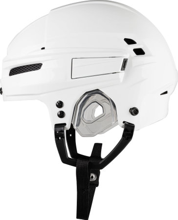 White Protective Ice Hockey Helmet with Transparent Plastic Visor on White Background.の写真素材