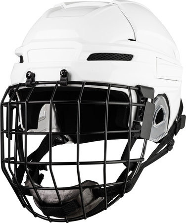 White Protective Ice Hockey Helmet with Transparent Plastic Visor on White Background.の写真素材
