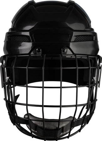 Ice hockey new black protective plastic helmet with front metal grill isolated on white backgroundの写真素材