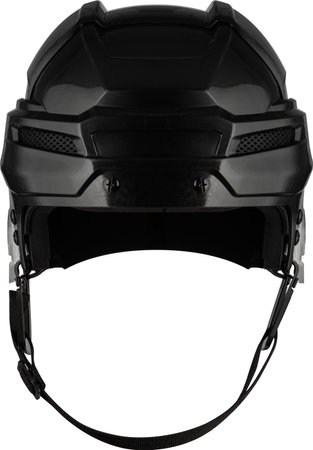 Ice hockey new black protective plastic helmet with front metal grill isolated on white backgroundの写真素材