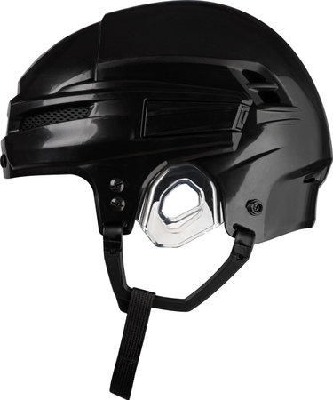 Ice hockey new black protective plastic helmet with front metal grill isolated on white backgroundの写真素材