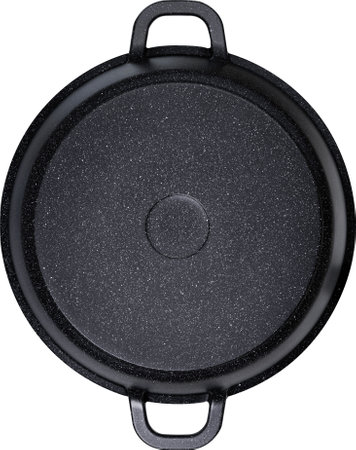 A sleek black frying pan featuring two sturdy handles positioned on a bright white background, perfect for a variety of cooking needsの写真素材