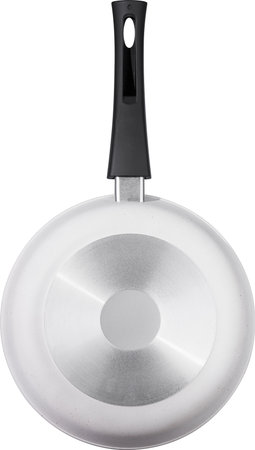 A shiny white frying pan featuring a sleek black handle, ideal for various cooking tasks in your kitchen environmentの写真素材