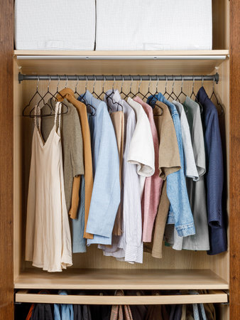 Inside a closet that is filled with an abundance of clothes neatly hanging on racks, creating an organized and stylish appearanceの写真素材
