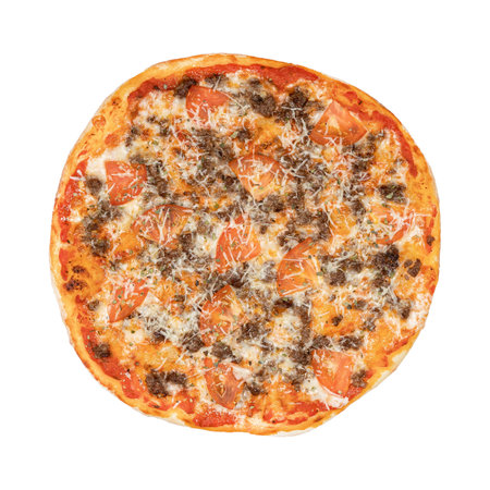A delicious pizza with ground beef, tomato slices, and melted cheese on a golden crust, presented on a white backgroundの写真素材