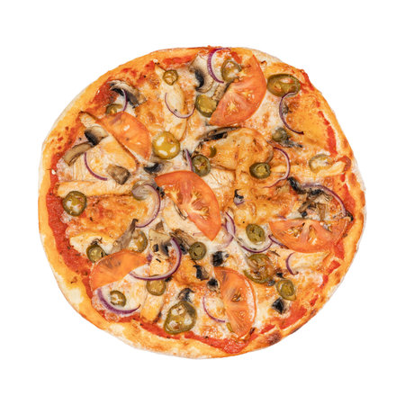 A delicious pizza topped with tomatoes, mushrooms, red onions, jalapenos, and melted cheese on a crispy crustの写真素材