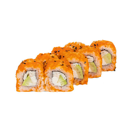 A close-up of five sushi rolls with vibrant orange coating, filled with avocado, cream cheese, and fresh fishの写真素材