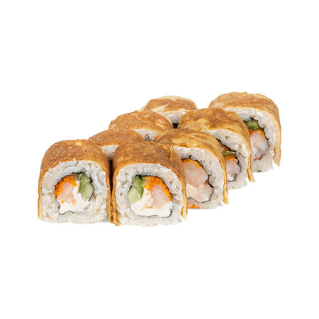 Crispy sushi rolls with shrimp, avocado, and cream cheese, coated in golden tempura on white.の写真素材