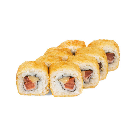 Crispy, golden-brown sushi rolls with rice, fish, and vegetables, neatly arranged on a white backgroundの写真素材