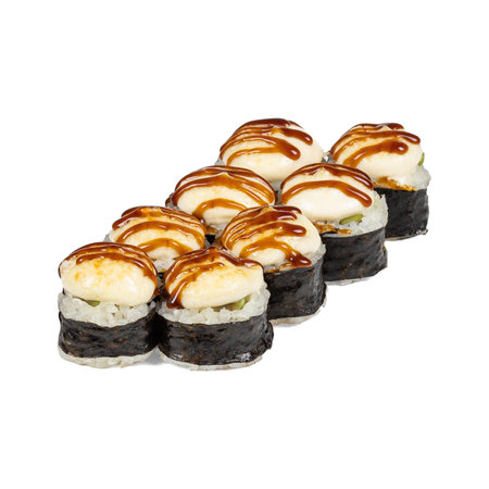 A row of fresh sushi rolls topped with sauce on a white backgroundの写真素材