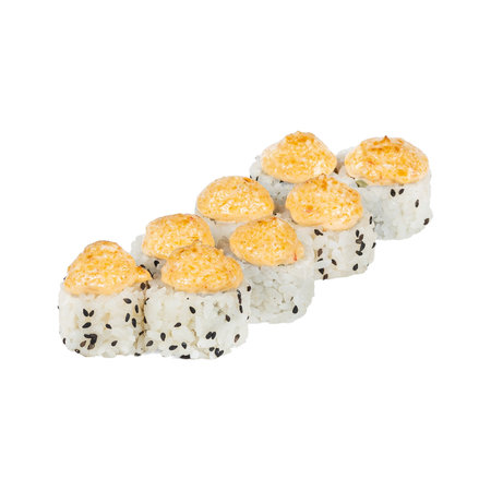 Close up of delicious sushi rolls arranged on a white backgroundの写真素材