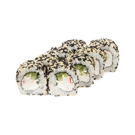 Close up of a sushi roll with sesame seeds on white backgroundの写真素材
