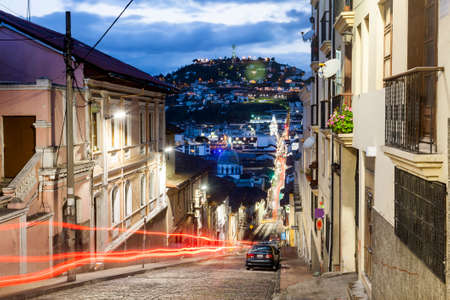 Colonial Quito street at duskの写真素材