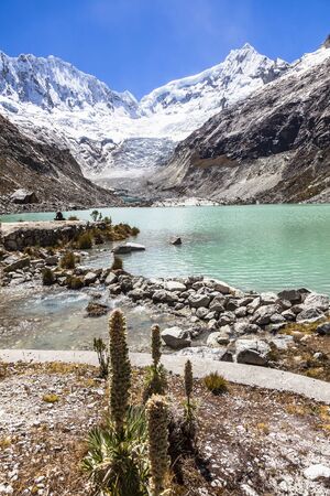 Llaca lagoon (4474 m) in the peruvian Andes and Ocshapalpa peak (5888 m) and Ranrapalca peak (6162 m), Peruの写真素材