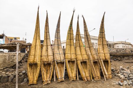 Totora horses called "caballito de totora" in Huanchaco, Peru.の写真素材