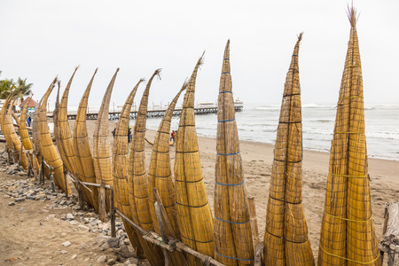Totora horses called "caballito de totora" in Huanchaco, Peru.の写真素材