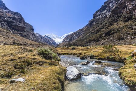 Walk to approach the lagoon Llaca, Huaraz, Peru.