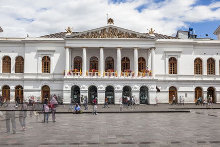 QUITO, ECUADOR - JUNE 30, 2015: Sucre Theater on Theater Square theater square is one of the most visited sitesin old town of Quito, Ecuadorのeditorial素材