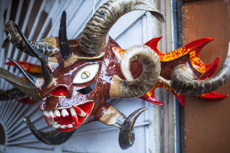 PÃ­llaro, ECUADOR - FEBRUARY 6, 2016: Unknown locals dressed up participating in the Diablada, popular town celebrations with people dressed as devils dancing in the streetsのeditorial素材