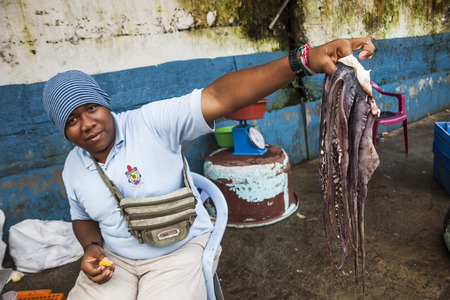 SANTO DOMINGO, ECUADOR - APRIL 15, 2010: Unidentified man selling octopus seafood market in Santo Domingo, Ecuador.のeditorial素材