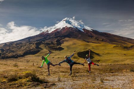 COTOPAXI, ECUADOR, May 2, 2015: Group of tourists having fun dancing on a visit to the National Park Cotopaxiのeditorial素材