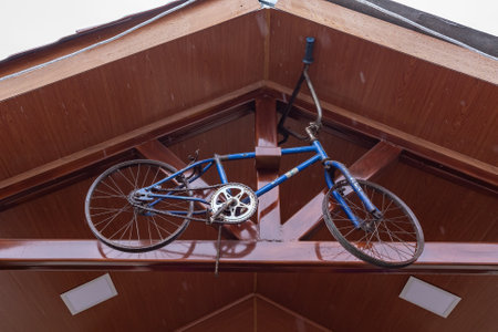 Richard Carapaz's first bicycle exposed in the entrance of his house in his hometownの写真素材