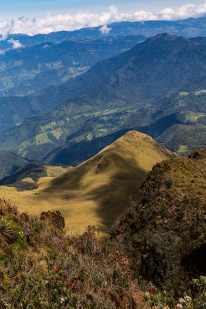 Ecuadorian Andean landscapes early in the morning, Imbabura province, Cotacachi volcano in the background.の写真素材