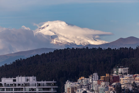 Buildings in the northern area of the city of Quito with the Cayambe volcano in the backgroundの写真素材