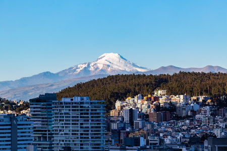 Buildings in the northern area of the city of Quito with the Cayambe volcano in the backgroundの写真素材