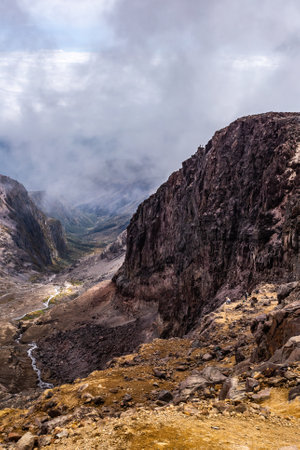 View of the great channel of the beautiful glacier of the Cayambe volcanoの写真素材