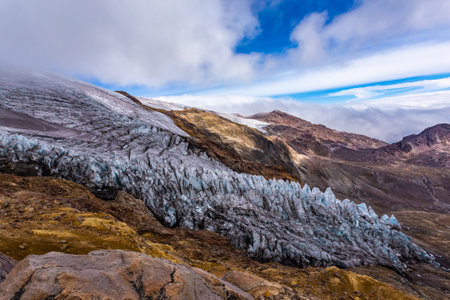 Panoramic view of a glacier in the Ecuadorian Andes, Cayambe, Ecuadorの写真素材
