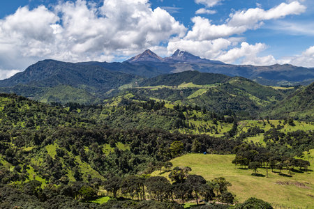 Andean landscape that combines cultivated fields, humid forest, mountains and blue sky