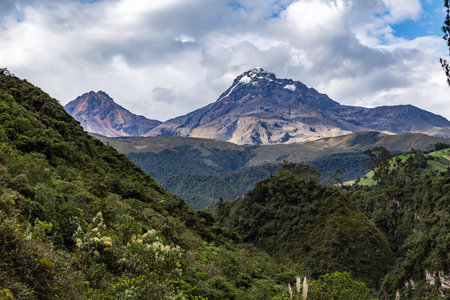 Andean landscape that combines cultivated fields, humid forest, mountains and blue skyの写真素材