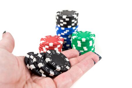 Stacks of poker chips isolated on white background