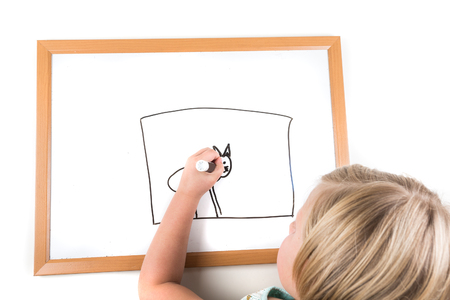 Young girl drawing on a dry erase board with a markerの写真素材