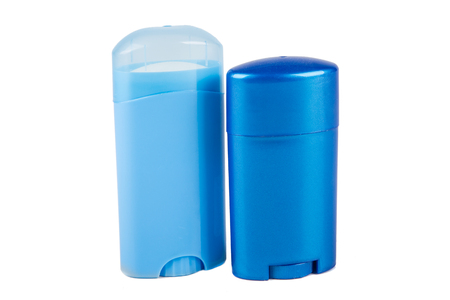 Two blue deodorant containers isolated on white backgroundの写真素材