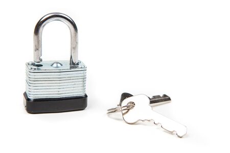 Padlock and keys isolated on white backgroundの写真素材