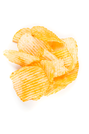 Cheddar sour cream chips isolated on white backgroundの写真素材