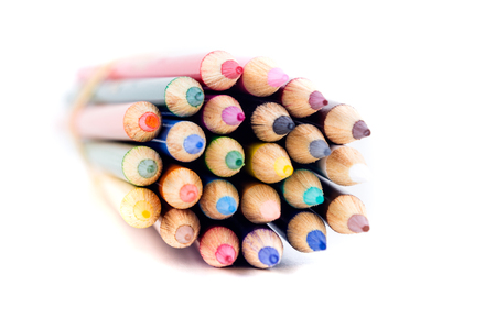 Bunch of assorted colored pencils isolated on white backgroundの写真素材