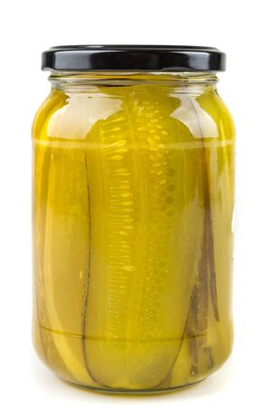 Thin sliced pickles isolated on white backgroundの写真素材