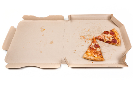 Leftover pizza in box isolated on white backgroundの写真素材